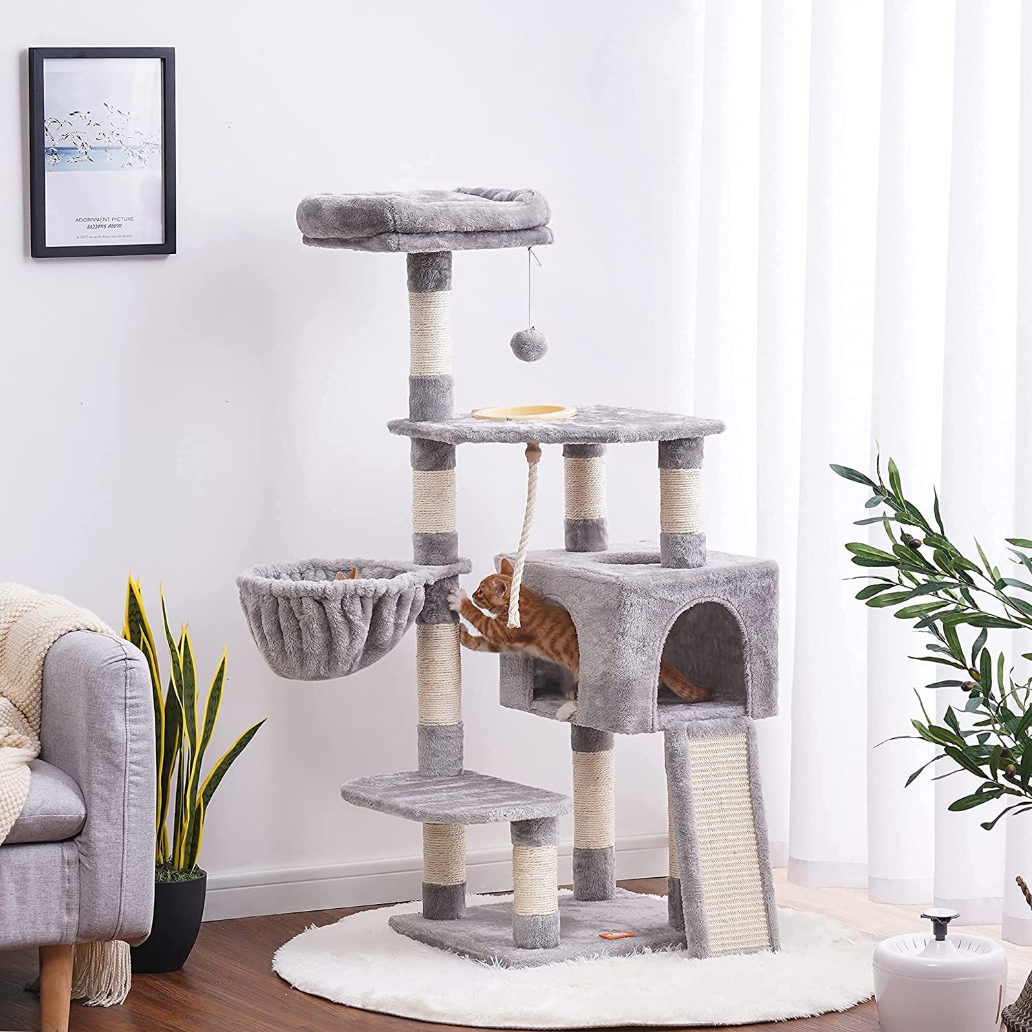 Cat Tree, Cat Tower for Indoor Cats with Scratching Board, Multi-Level Cat Furniture Condo with Feeding Bowl, Light Gray HCT010W