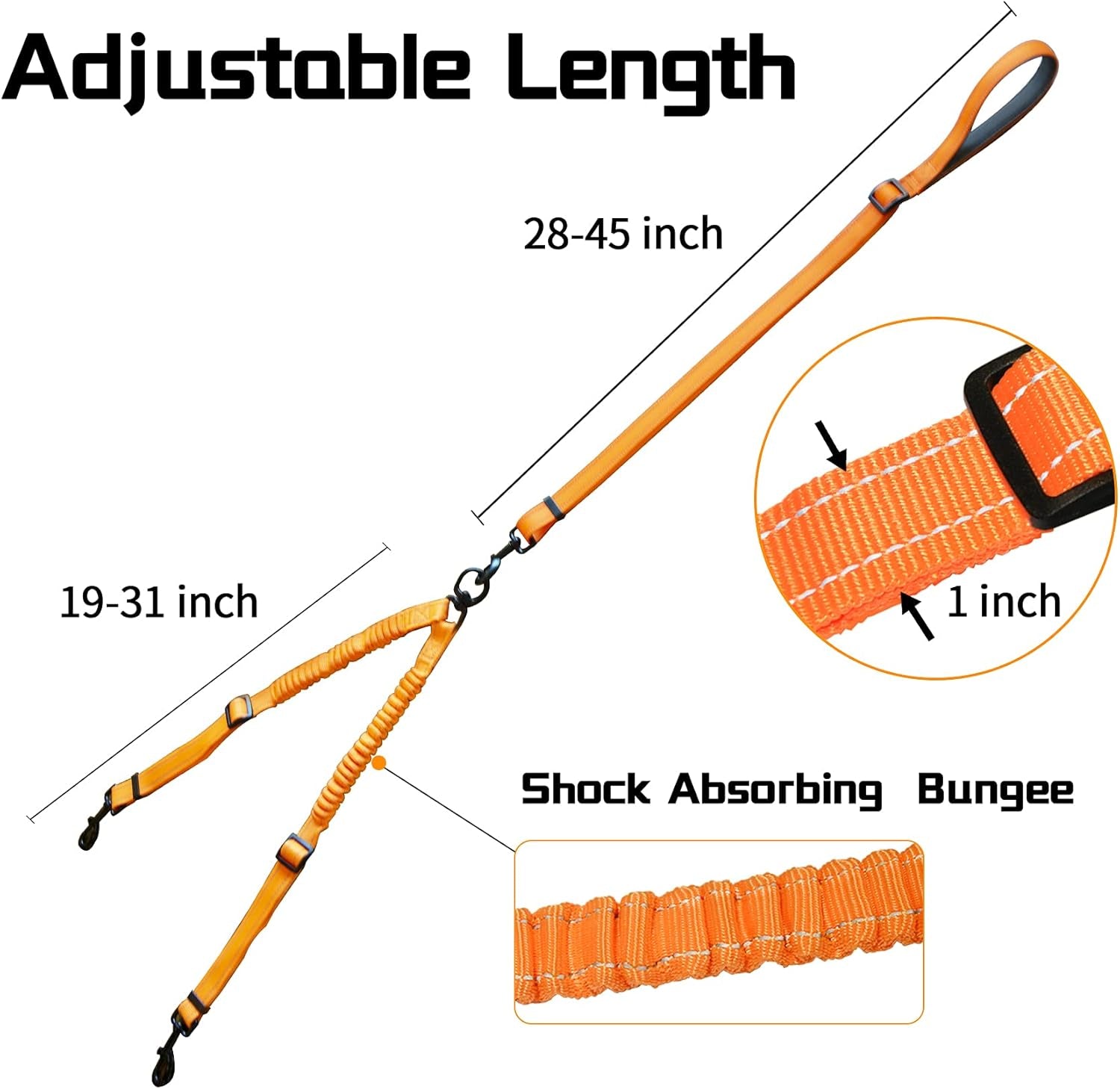 Dual Retractable Dog Leash,Double Dog Leash,Adjustable Tangle Free 360 Swivel Hooks Shock Absorbing Bungee for Two Dogs(Orange,Large)