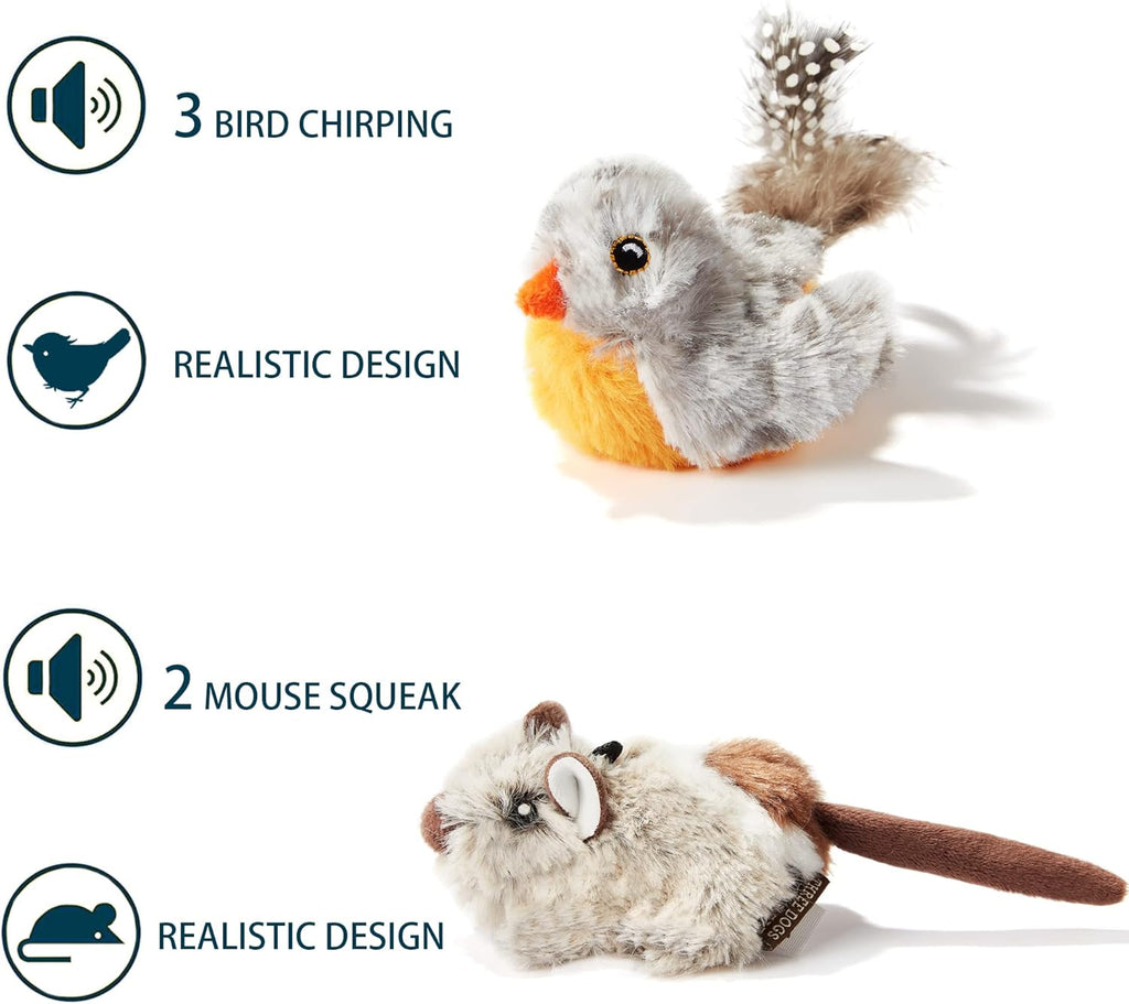 2 Pack Cat Toys Interactive for Indoor Cats Feather Squeaky Bird & Mouse Kitten Plush Toys, Three Dogs & a Cat Melody Chaser Motion Activated Kitty Toys with Bird Chirping