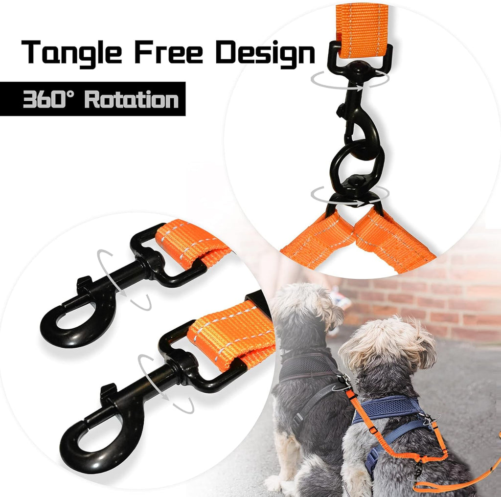 Dual Retractable Dog Leash,Double Dog Leash,Adjustable Tangle Free 360 Swivel Hooks Shock Absorbing Bungee for Two Dogs(Orange,Large)