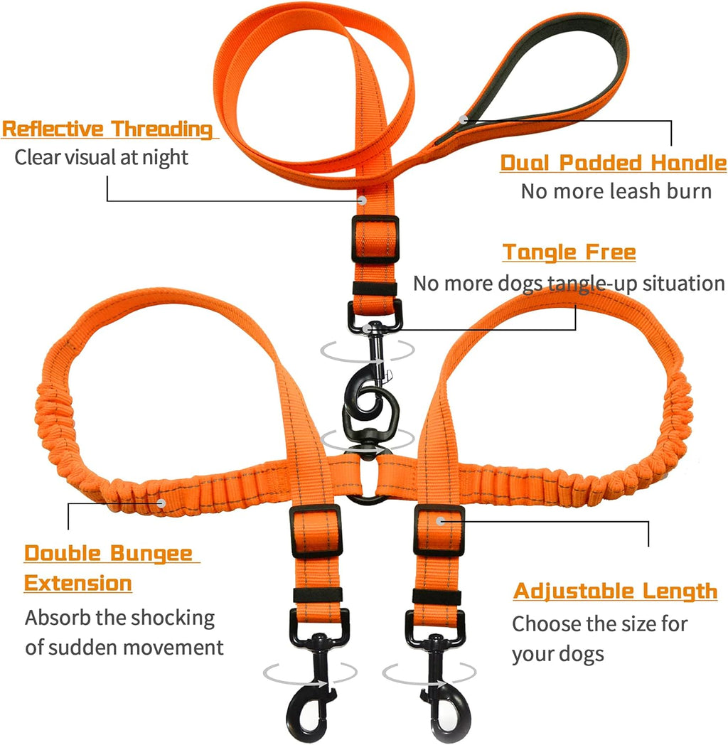 Dual Retractable Dog Leash,Double Dog Leash,Adjustable Tangle Free 360 Swivel Hooks Shock Absorbing Bungee for Two Dogs(Orange,Large)