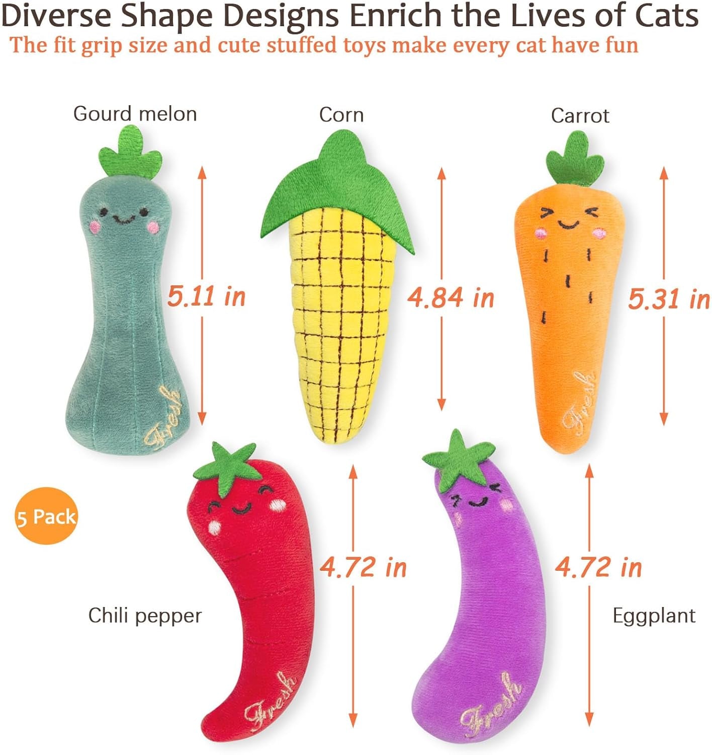 Catnip Cat Toys, Interactive Indoor Cat Nip Toy Kitty Kicker, Durable Kitten Teething Chew Toy, 5 Pack, Vegetable Shape