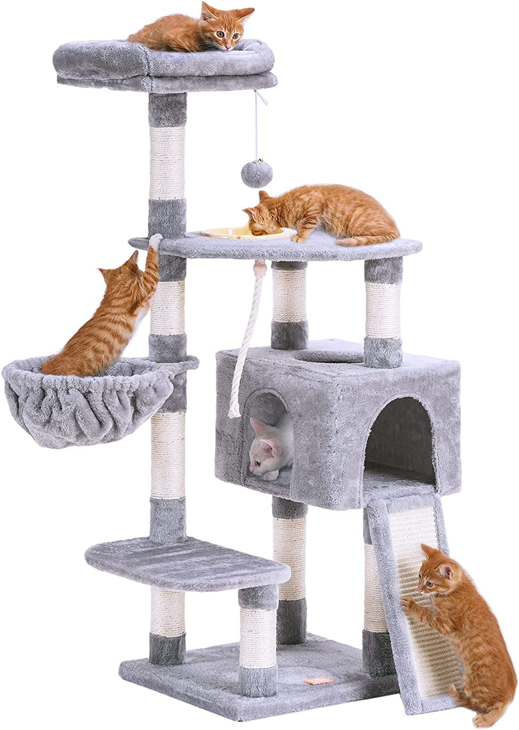 Cat Tree, Cat Tower for Indoor Cats with Scratching Board, Multi-Level Cat Furniture Condo with Feeding Bowl, Light Gray HCT010W